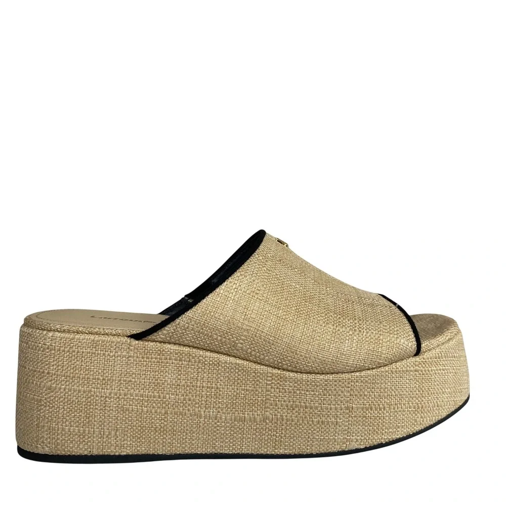 Larroude NEW Charli Mule Platform Natural Raffia Black Trim Gold Logo Womens 8.5